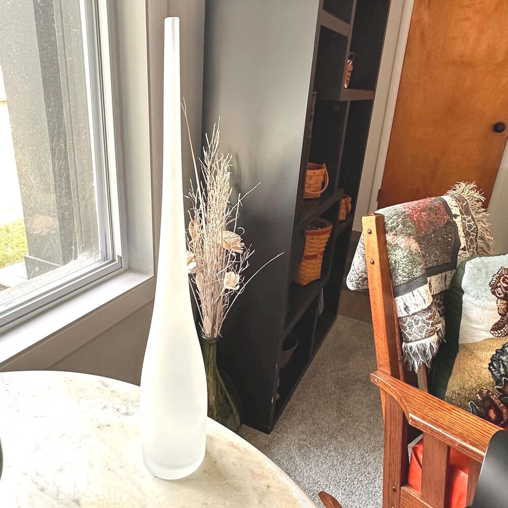 Frosted Glass Spire Bottle Vase Hand Blown Mid Century Modern Long Neck 16 Inch - Picture 4 of 16